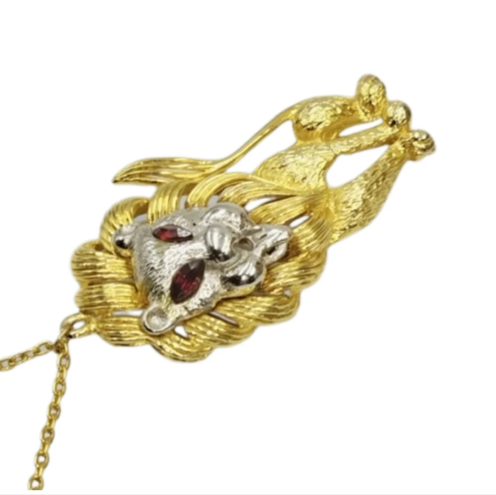 Gold & Silver Tone Lion Pendant Necklace w/ Red Eyes 28